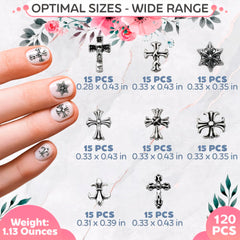 Dije cruz uñas 3D plateado de Novsix, aporta brillo duradero.
