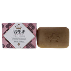 Jabón Nubian Heritage Patchouli Buriti, vista de empaque, hidrata la piel.