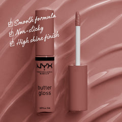 Textura cremosa de NYX Butter Gloss Brown Sugar para tono neutro atractivo