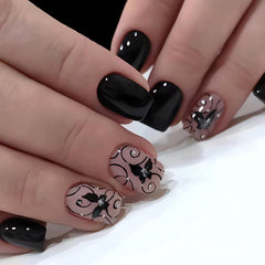 OHWODA uñas postizas cuadradas negras brillantes para un acabado elegante