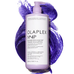 Olaplex 4P champú violeta, botella, neutraliza reflejos amarillos para cabello rubio brillante.
