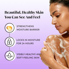 Olay Gel de Ducha Antiedad, aplicación en la mano, distribución suave que cuida la piel.