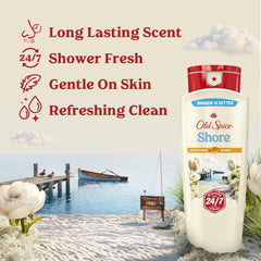 Old Spice etiqueta ducha fresca 24-7, aroma duradero para todo el día.