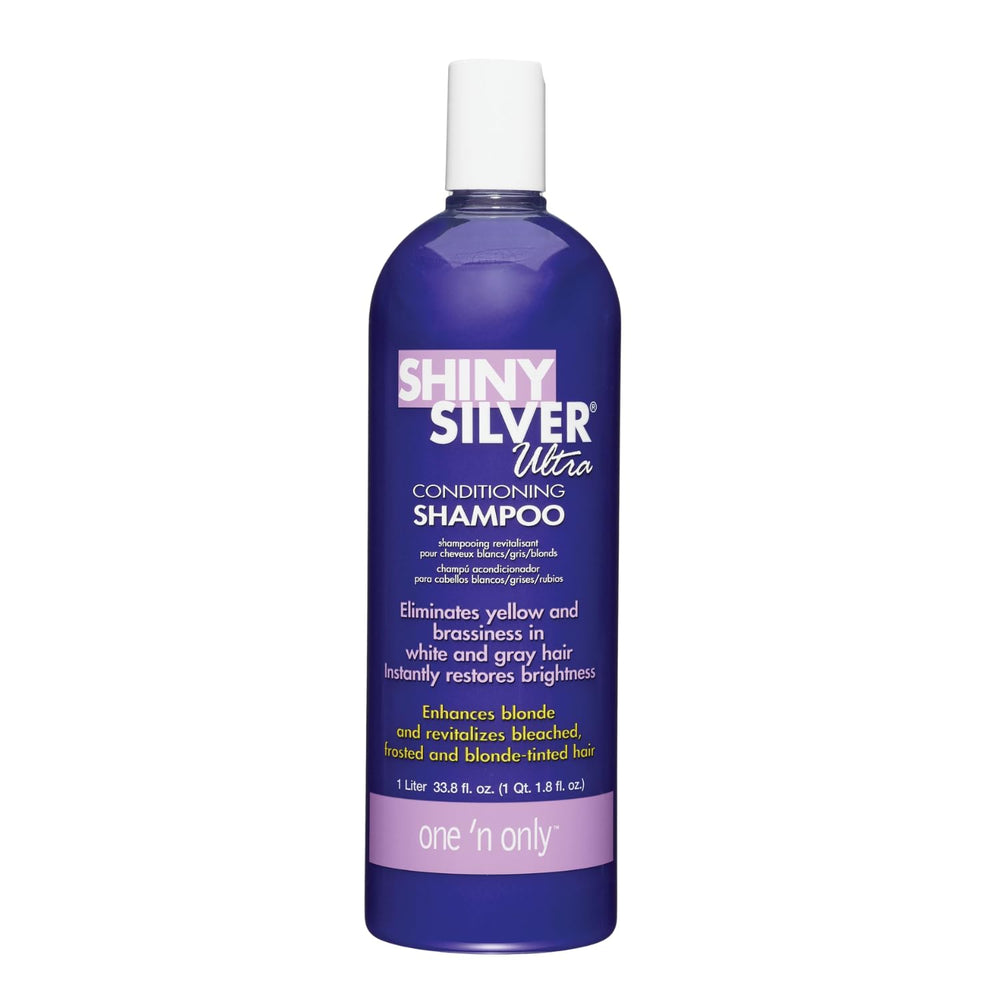 One 'N Only Shiny Silver Purple Shampoo en botella, ofrece hidratación y control del amarillo.