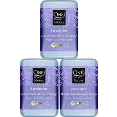 Jabón One With Nature lavanda con sal del mar, textura cremosa ideal para rostro y cuerpo.