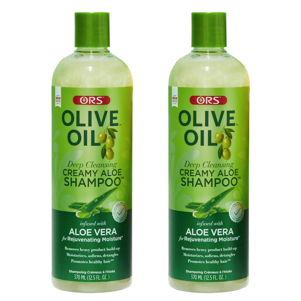 Empaque de ORS con shampoo cremoso de oliva y aloe para hidratación capilar.