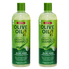 Empaque de ORS con shampoo cremoso de oliva y aloe para hidratación capilar.