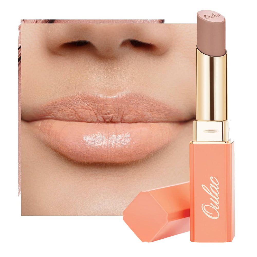 Oulac Labial tono melocotón, aplicación cremosa para labios suaves y uniformes.