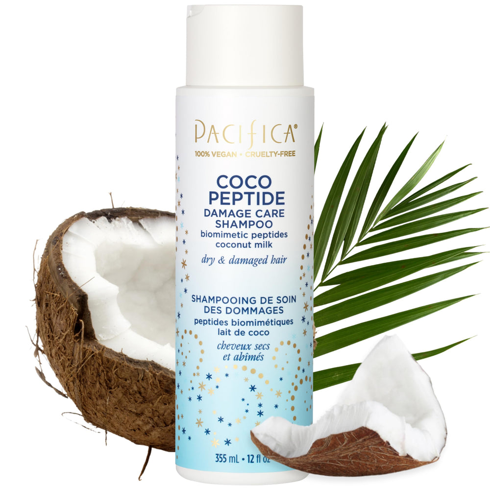 Pacifica Coco Peptide Damage Care Shampoo, botella para cuidado diario del cabello dañado.