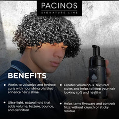 Pacinos Signature Line Mousse textura suave sin residuo pegajoso para rizos naturales.