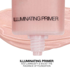 Palladio primer iluminador rosado perlado realza pómulos con brillo sutil.