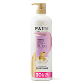 Pantene Largos Infinitos botella vertiendo acondicionador para cabello más fuerte