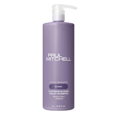 Champú violeta rubio platino de Paul Mitchell, botella frontal, ayuda a neutralizar tonos amarillos.