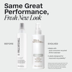 Paul Mitchell Soft Spray en mano, aplicando para peinado flexible