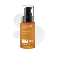 PCA SKIN Total Strength Serum botella con dispensador para aplicación suave y firme.