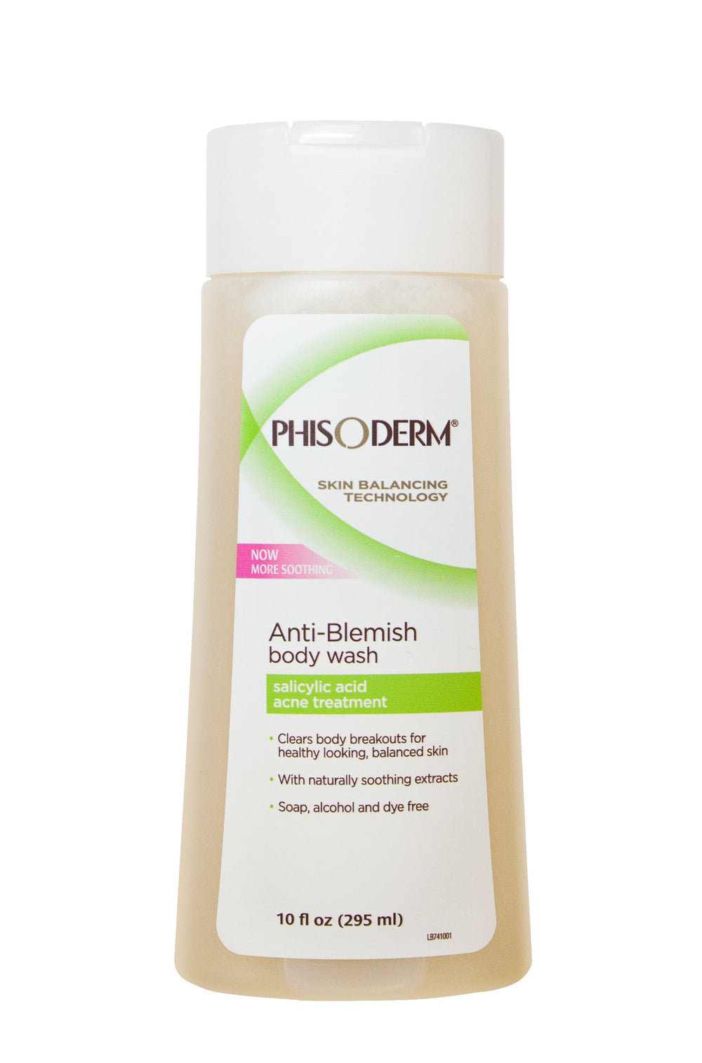 Phisoderm Ducha corporal antimancha en botella con fragancia fresca para uso diario.