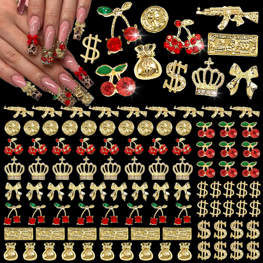 Dijes Pizadix uñas signo dólar dorado para un look audaz y llamativo.