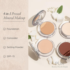PÜR MINERALS PUR BEAUTY 4-en-1, polvo compacto abierto muestra textura suave y uniforme.