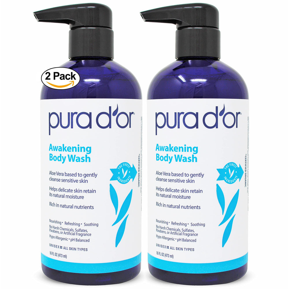 PURA D'OR Awakening: botella vertiendo, limpieza suave diaria para piel sensible.