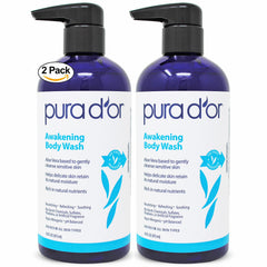 PURA D'OR Awakening: botella vertiendo, limpieza suave diaria para piel sensible.