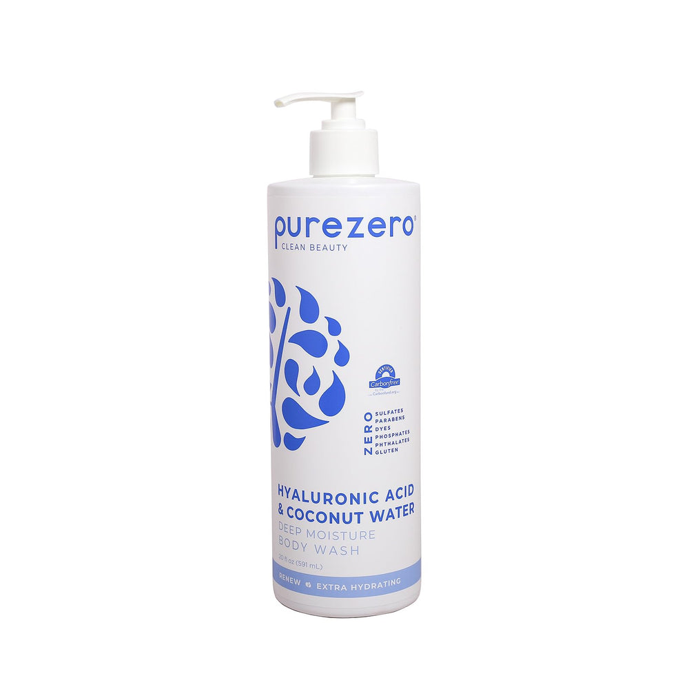 PureZero gel limpiador corporal con ácido hialurónico, botella de 20 onzas para hidratación profunda.
