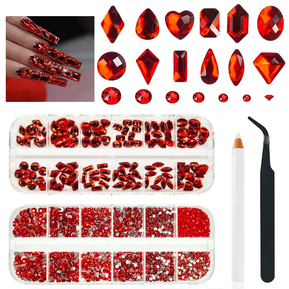 qiipii 4080Pcs cristales rojos para uñas, formas múltiples para diseños brillantes