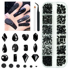 Qiipii cristales negros para uñas con 12 formas planas, brillo durable