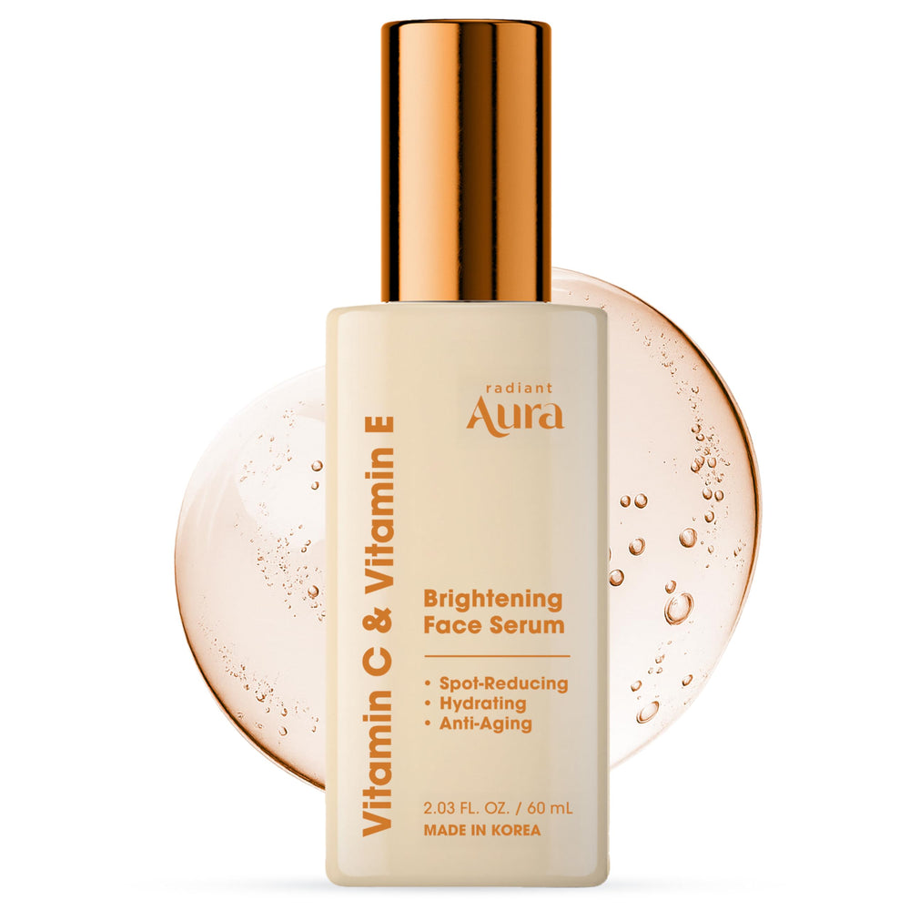 Radiant Aura Serum Vitamina C en envase; brillo suave para uso diario.