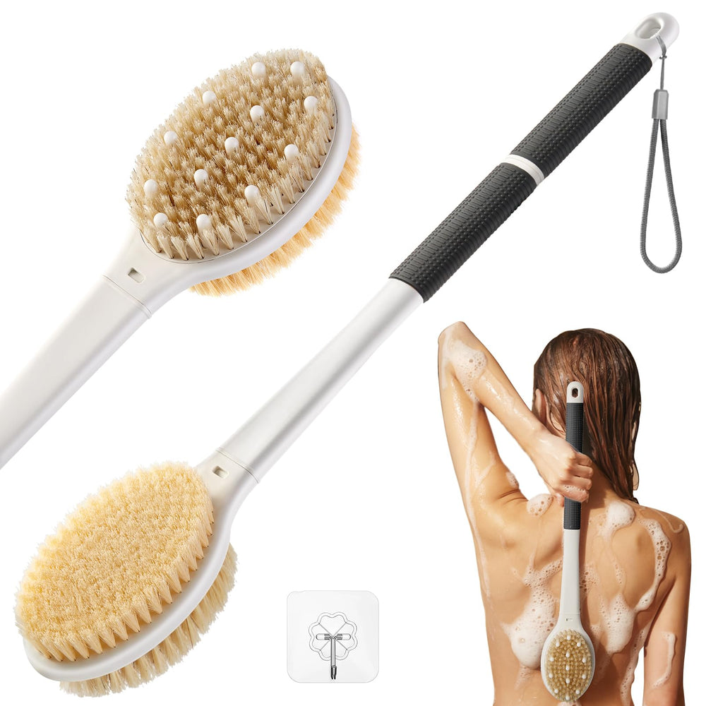 Cepillo Rafow para ducha con mango largo y agarre antideslizante para mayor alcance.