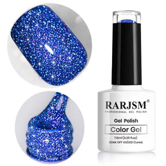 Esmalte gel RARJSM brillo iridiscente azul rey con efecto arcoíris en uñas.
