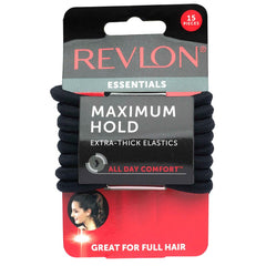 Elásticos Revlon extra gruesos negros con empaque de 15, sujeción duradera para todo el día.