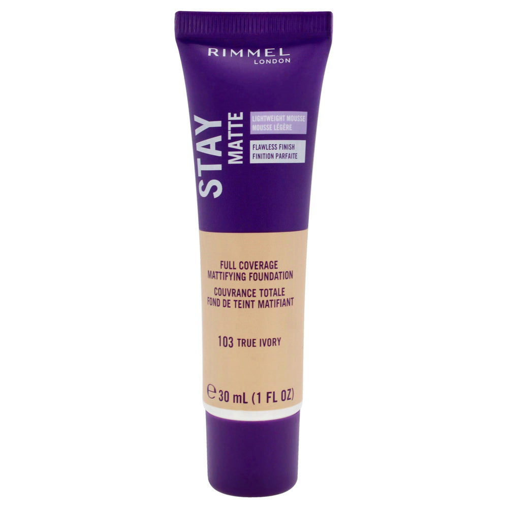 Rimmel Stay Matte True Ivory, envase frente, acabado mate duradero