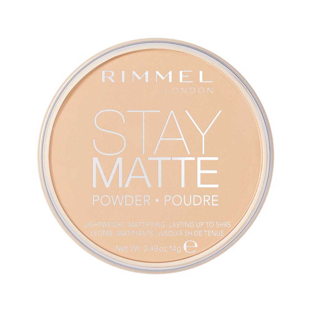 Rimmel Stay Matte polvo compacto mate, acabado suave y cobertura alta para pieles brillantes.