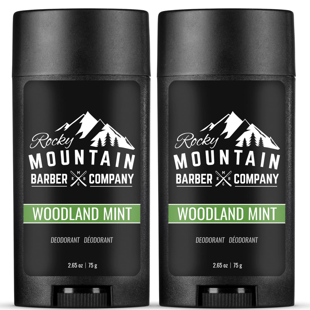 Desodorante natural Rocky Mountain Barber Company para hombres, botella con aroma fresco de menta del bosque. Protección duradera.