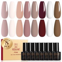 ROSALIND esmalte gel nude marrón: paleta de 8 tonos para looks neutros y elegantes