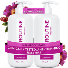 Routine Wellness Anticaída Shampoo botella con rosa mosqueta para fortalecer el cabello.