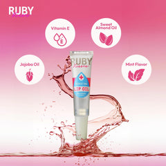Ruby Kisses aceite labial hidratante claro, aplicador para aplicación precisa y rápida.