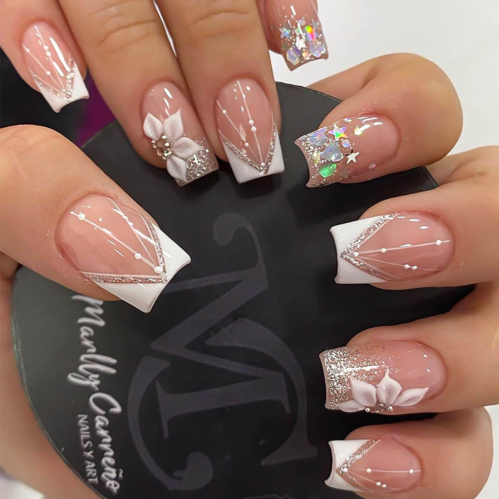 RUOKEXIN uñas postizas cuadradas frances blanco brillo para un look elegante