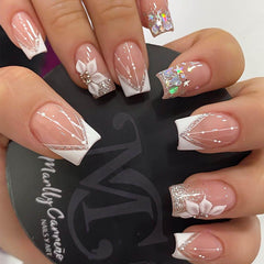RUOKEXIN uñas postizas cuadradas frances blanco brillo para un look elegante