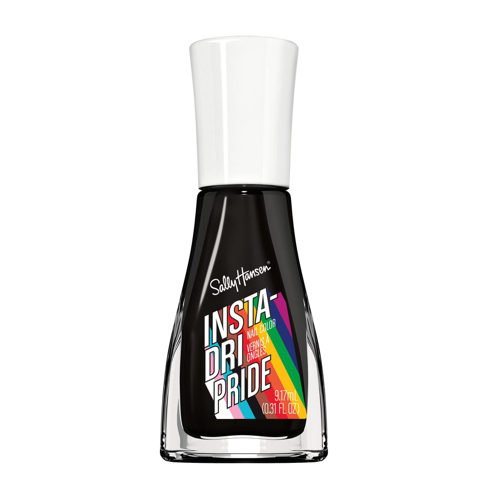 Sally Hansen Insta Dri GLAAD Raven Midnight, botella, color intenso y secado rápido.