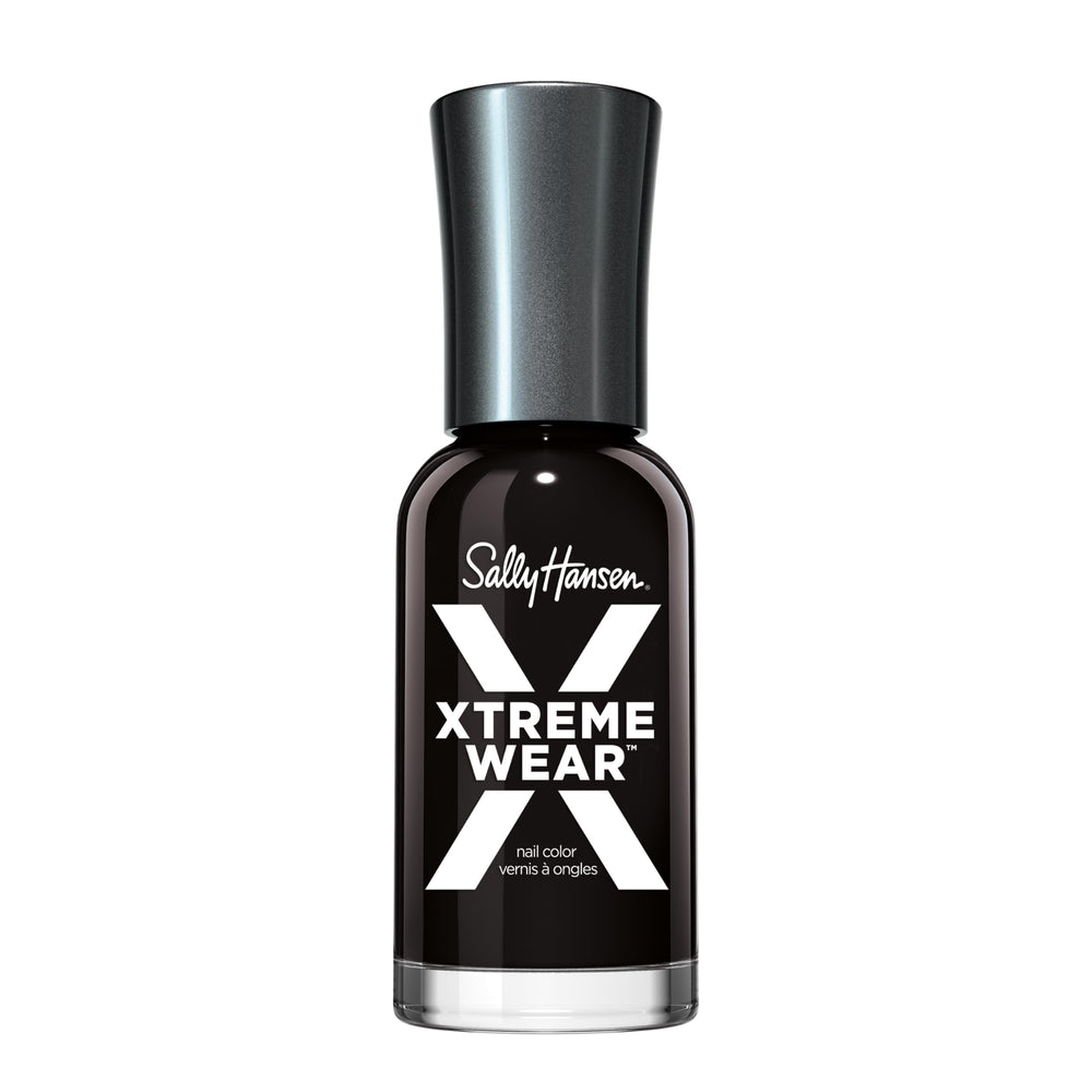 Sally Hansen Xtreme Wear Negro Out, botella visible, acabado brillante ideal para retoques rápidos.