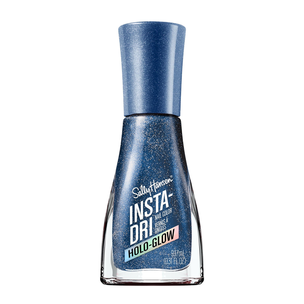 Sally Hansen Insta-Dri Holo-Glow 107 holo-back con destellos plateados y azulados.