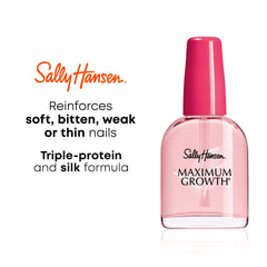 Sally Hansen Maximum Growth, fórmula seda, fortalecimiento suave para uñas sensibles.