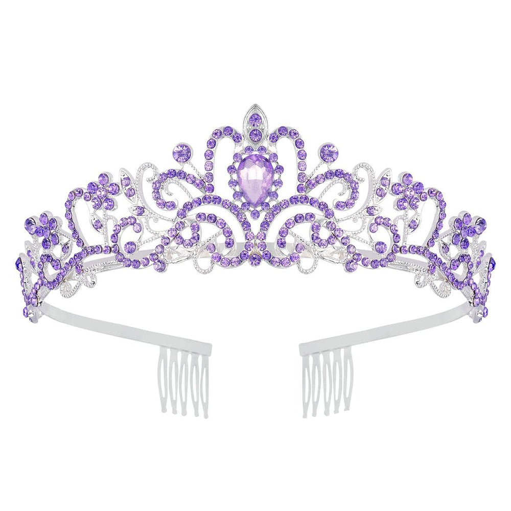 Schmoopy tiara corona cristal purpura, foco frontal, brillo elegante para boda.
