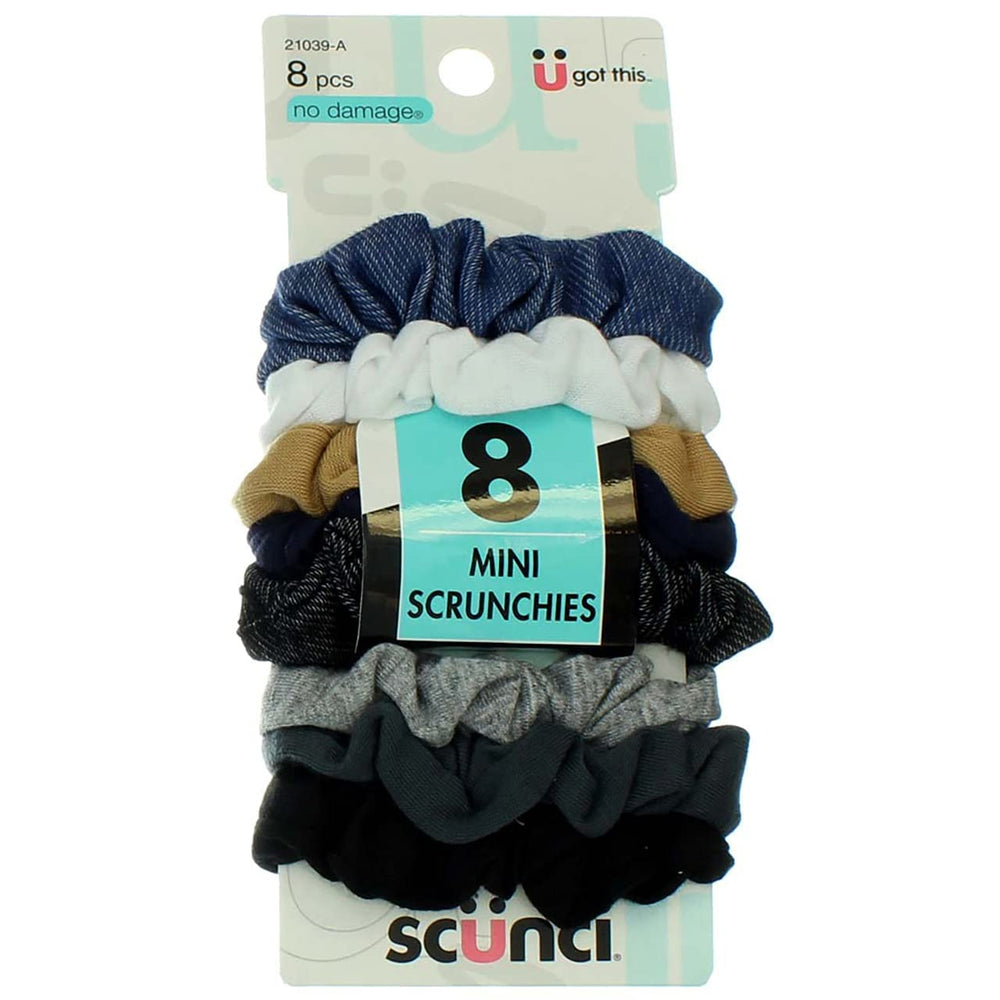 Gomas Scunci mini denim, conjunto, ideal para peinados rápidos y sin daño.