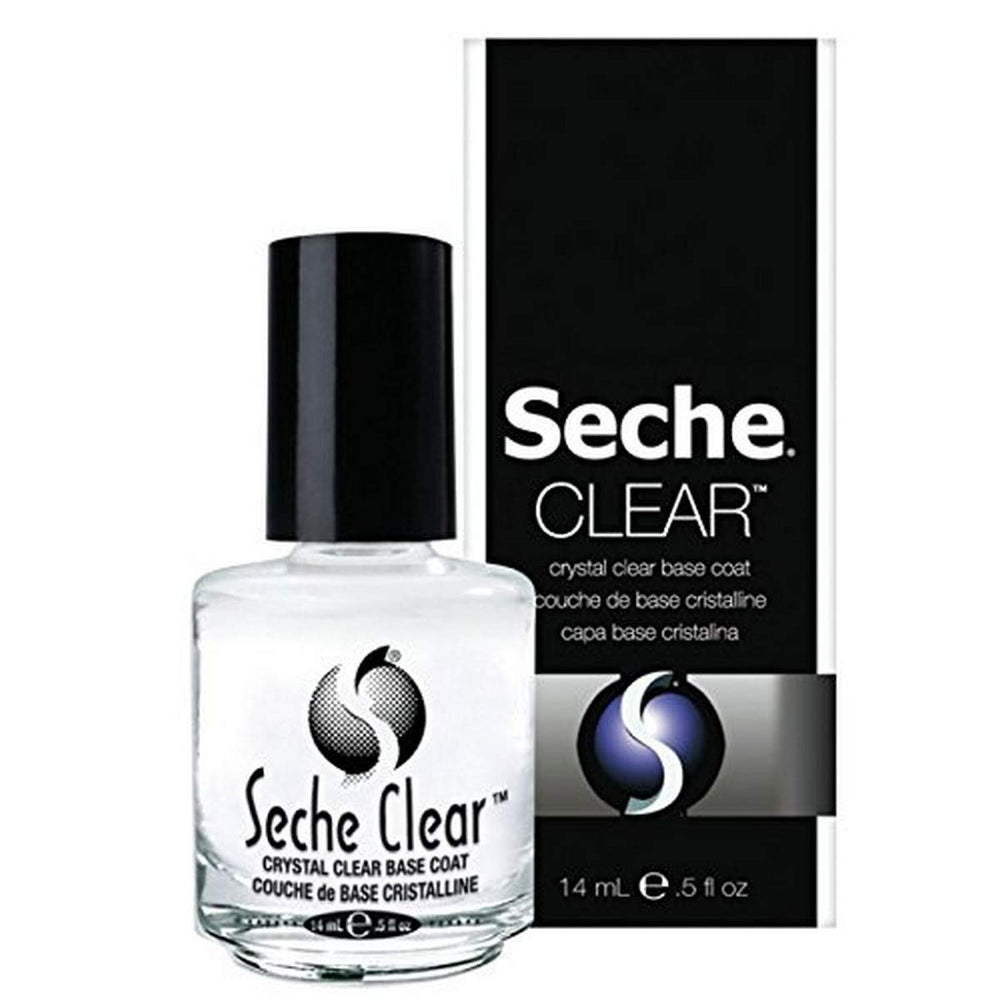 Seche Base Coat para uñas transparente, mejora adherencia y evita manchas.