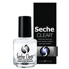 Seche Base Coat para uñas transparente, mejora adherencia y evita manchas.