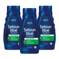 Selsun Blue champú anticaspa hidratante con aloe, botella frontal para cabello suave.