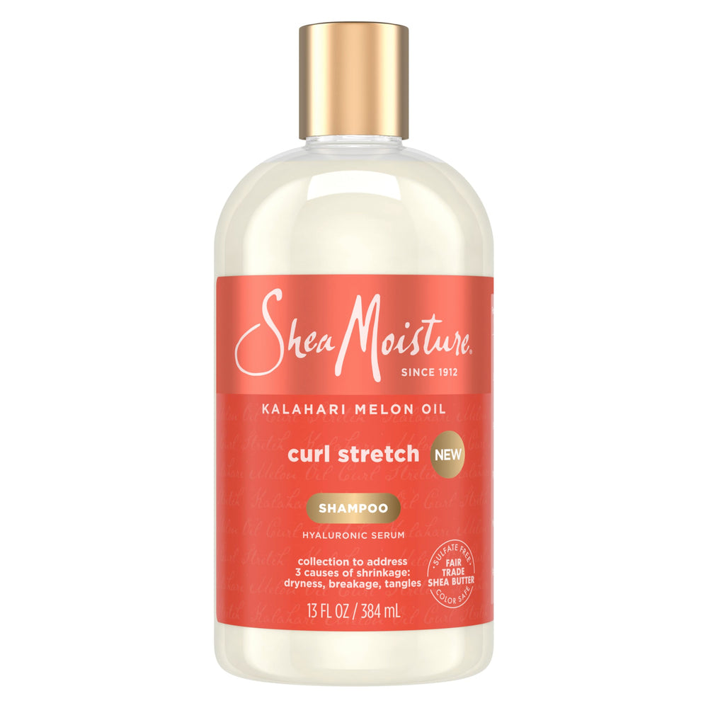 SheaMoisture champú estiramiento de rizos; botella con textura cremosa y aroma tropical.