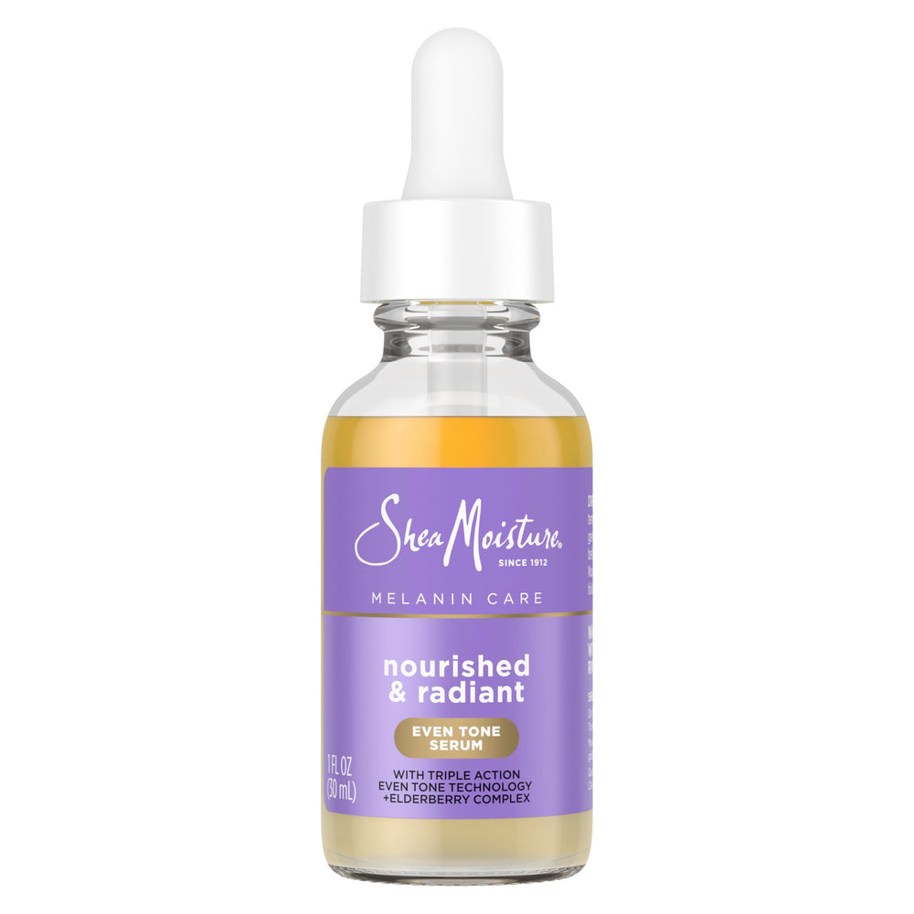 SheaMoisture Melanin Care Serum, bote con cuentagotas para aplicación precisa.